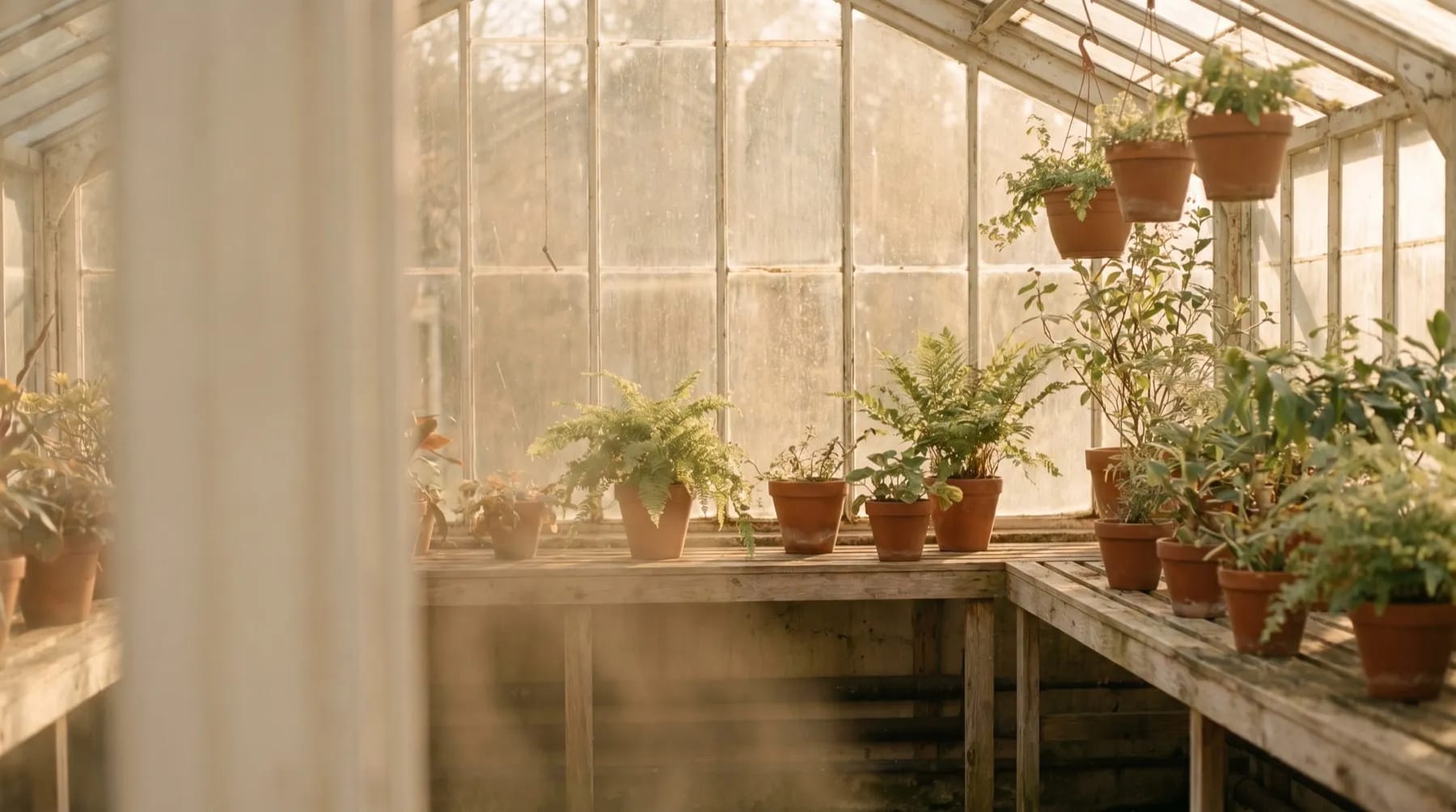 Солнечная оранжерея с растениями в горшках