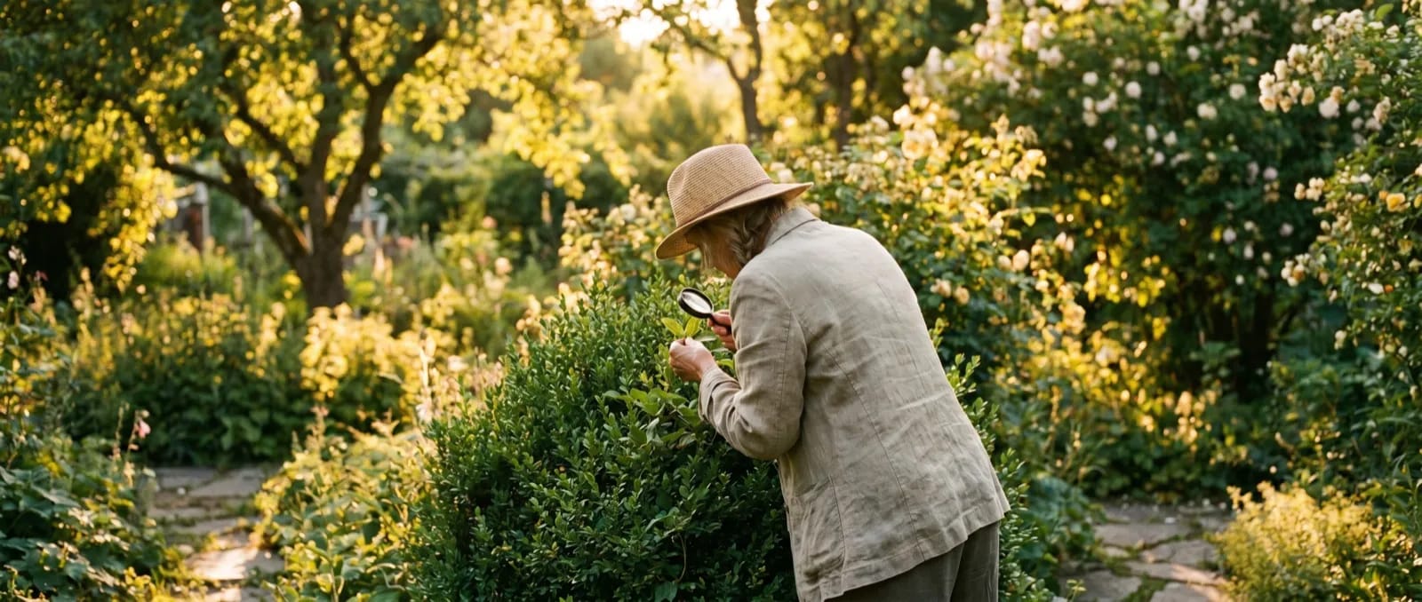 Садовод осматривает растение с лупой в саду